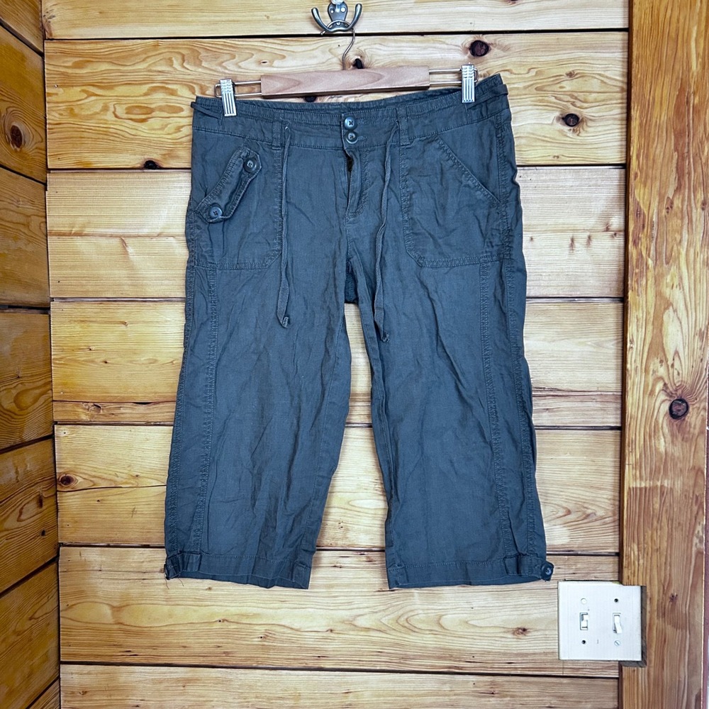 Vintage Linen Cargo Capris Womens Size 9 Green Utility Gorpcore Y2K Smart Set